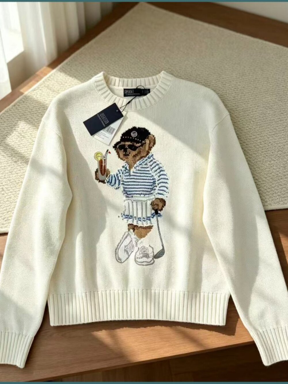 New Polo Ralph Lauren Women’s Cream Golf Bear Intarsia Knit Sweater